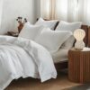100% Washed Linen Duvet Cover with Embroidered, Queen Size(88"x 92"), 3 Pieces Soft Farmhouse Comforter Set with Button Closure,1 Duvet Cover and 2 Pillowshams(Queen, White)