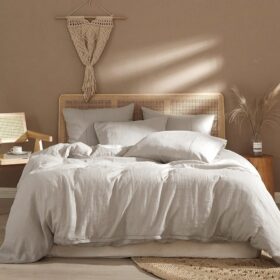 Pure Linen Duvet Cover Queen 100% Natural Washed French Flax Linen Duvet Cover Queen Size 3 Pcs Soft Breathable Moisture Wicking Comfy Cooling Linen Bedding Comforter Cover with 2 Pillowcases