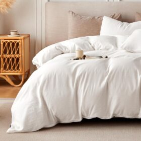 Linen Duvet Cover Queen Size - Soft Breathable Cotton Linen Blend, 3-Pieces Bedding Set with 2 Pillowcases, Stonewashed Texture, Off-White, All-Season Comfort