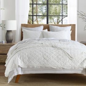 100% Linen Front/100% Cotton Back Quilt Set Queen Size, White Pre-Washed European Flax Linen Quilt, Diamond Stitch Bedspread Coverlet Bedding Set 3-Piece for All Seasons