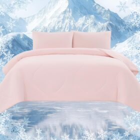 Cooling Comforter Set  Size, Luxury Soft Silky Double-Sided Cooling Blanket for Night Sweats Hot Sleeper Pink 4pcs(Comforter+Fitted Sheets+2Pillowcases)