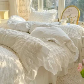 Korean Princess Style Lace Ruffles Bedding Set Skin-friendly Soft Seersucker Duvet Cover Set Bed Sheet Or Bed Skirt Pillowcases