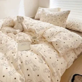 Class A Double Layer Yarn Four Piece Bedding Set Cartoon Cute Bed Sheet Quilt Set Fitted Sheet Cotton Linen Four Piece Set